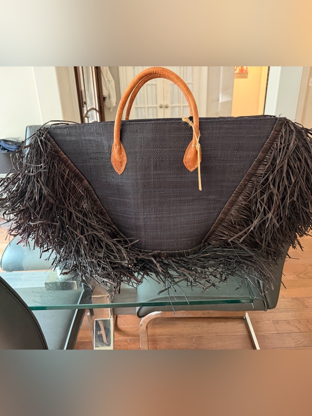 Shebobo Black Fringe Raffia Tote Bag Leather Handles NWT - Picture 2 of 5